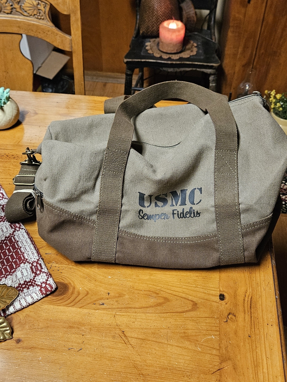 USMC Olive Canvas Duffel Bag with Semper Fidelis Print